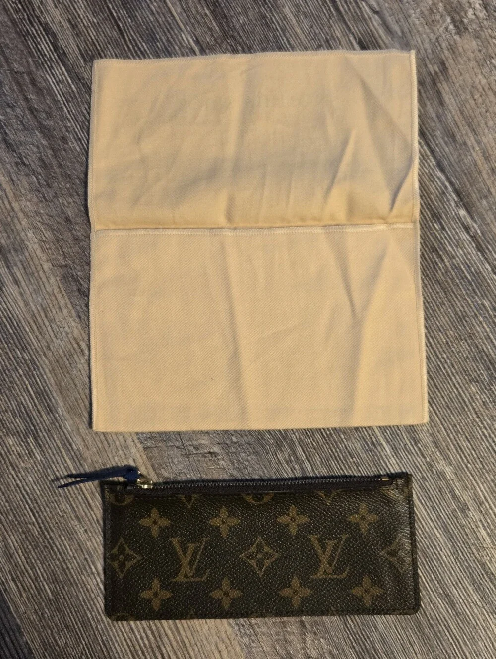 LOUIS VUITTON LV Monogram And Dust Bag Pouch Zipper Closure Blue Pull Beautiful